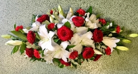 RED ROSE AND WHITE LILY CASKET SPRAY